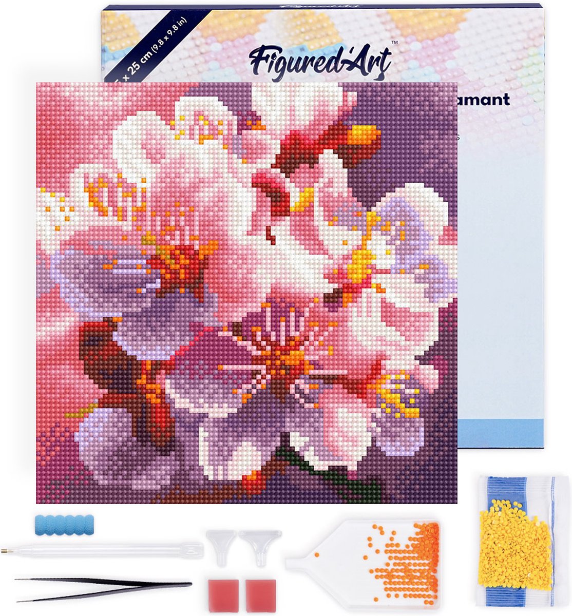 FiguredArt Mini Diamond Painting set Volwassenen 25x25 cm met lijst Kersenbloesem Bloei - 5D DIY Art full drill ronde diamant - Canvas al ingelijst